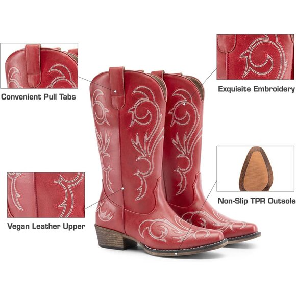 Dream Pairs Women's Red Mid Calf Cowgirl Boots Square Toe Chunky Heel Shoes - Picture 5 of 8